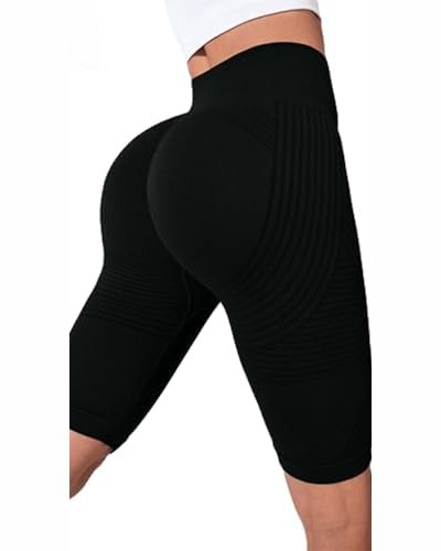 3D Textured Yoga Shorts High Waist Pants with Tummy Control — Black